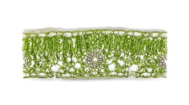Microscopic cross section of a green plant leaf showing cellular structure and chloroplasts