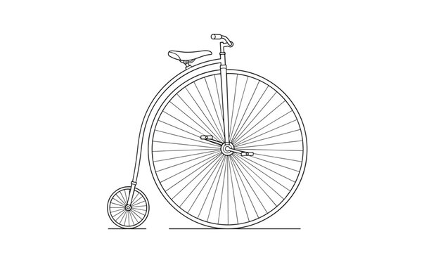 Beautiful antique penny farthing bicycle with a huge front wheel in a clean minimalist outline drawing on white.