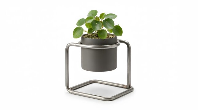 Minimalist square metal plant stand with pilea peperomioides houseplant on white background