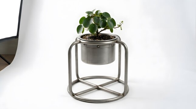 Modern metal plant stand with pilea peperomioides houseplant isolated on white background