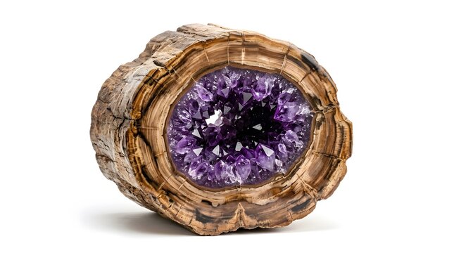 Natural petrified wood log cross section with a deep purple amethyst crystal geode core center