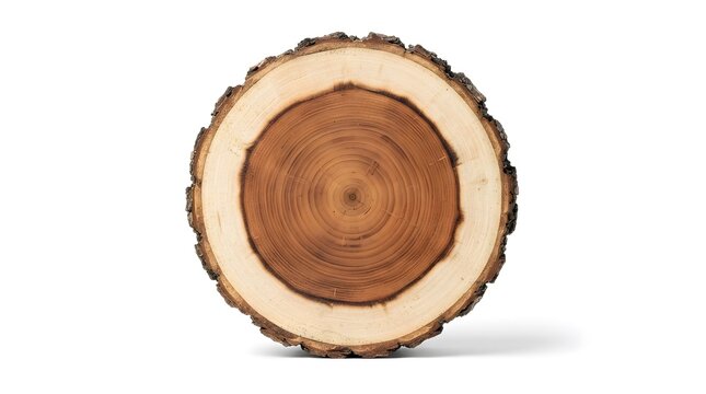 Natural wood log cross section showing annual growth rings isolated on plain white background