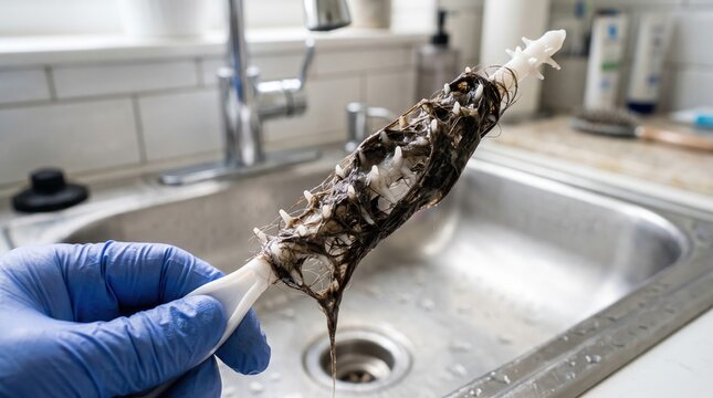 Gloved hand removing clogged debris from pipe