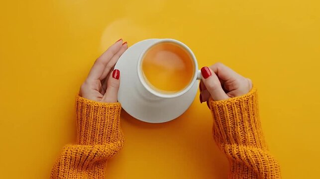 Overhead view of hands in a yellow sweater holding a steaming cup of warm liquid