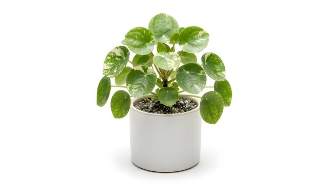 Pilea peperomioides variegata houseplant with round spotted leaves in a white pot on white surface