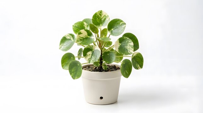 Pilea peperomioides variegata plant with round leaves in a white pot isolated on a white background