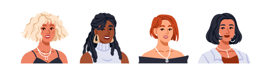 Obraz premium Women head portraits, modern hairstyles set. Female characters faces. Happy young girls with different hair styles, hairdos, haircuts. Flat vector illustrations isolated on white background