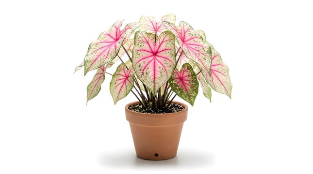 Potted caladium houseplant with pink and green variegated leaves in a terracotta clay pot