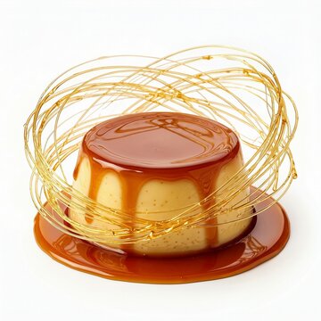Delicious caramel pudding with delicate spun sugar decoration. 