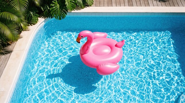 Pink flamingo float in blue pool