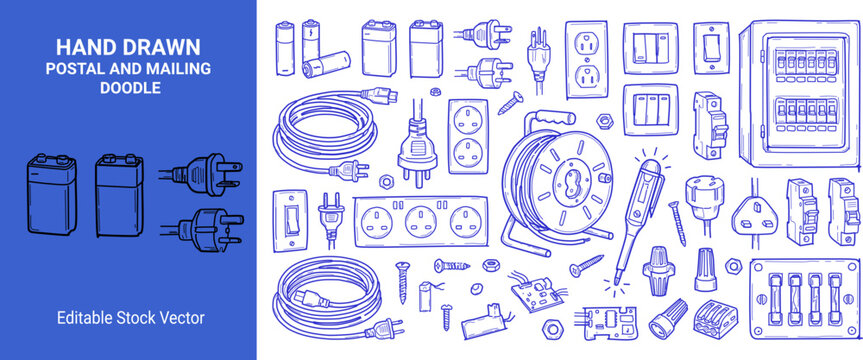 Hand drawn electrical and power supplies doodle with plugs sockets switches cables breakers fuses and wiring components