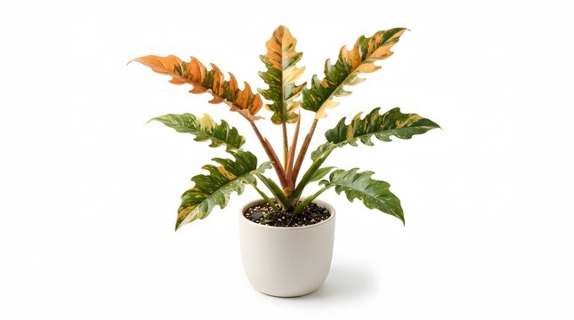 Rare variegated philodendron ring of fire houseplant with serrated leaves in a white pot