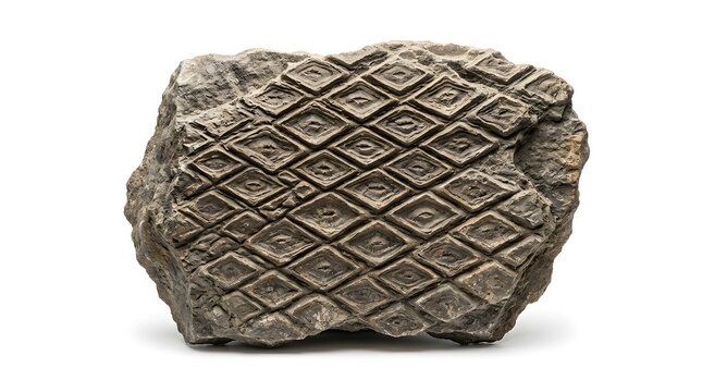 Rare lepidodendron fossil bark fragment with distinct diamond pattern texture isolated on white