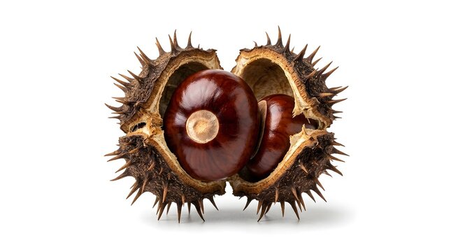 Ripe horse chestnut fruit inside its spiky green husk split open on a plain white background