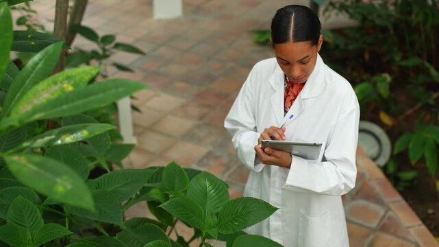 Female botanist examining plants in greenhouse
