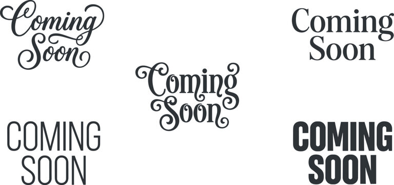 Coming soon text typography vector banner set featuring decorative calligraphic script and modern bold fonts