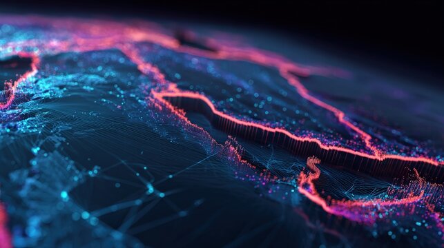 Abstract global network visualization with glowing neon lines connecting points on Earth, representing data flow and digital connections. ..Created with Generative AI, not depicting real subjects.