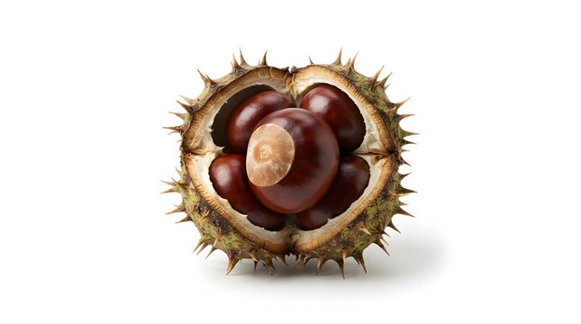 Single ripe horse chestnut fruit inside its spiky green husk isolated on white studio background