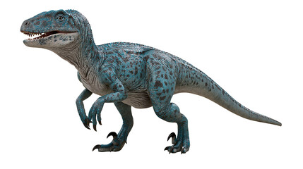 Blue speckled raptor dinosaur standing on white © Cressida