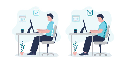 Fototapeta premium Ergonomic, wrong and correct sitting spine posture. Healthy back and posture correction. Office desk posture. Curvature of spine with wrong sitting, good position