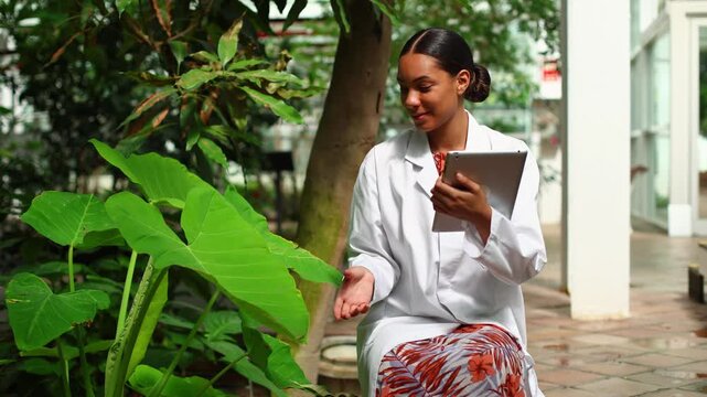 Black female botanist using digital tablet in greenhouse