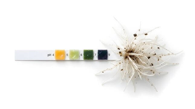 Soil acidity test strip with plant roots isolated on white background, for garden analysis