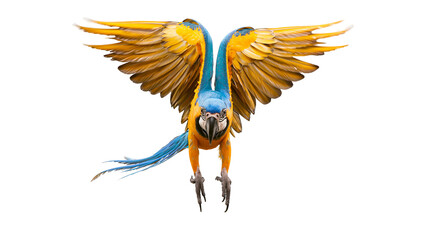 Blue and yellow macaw parrot with wings spread flying © Cressida