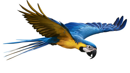 Blue and yellow macaw parrot flying with wings spread © Cressida