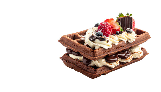A stack of freshly prepared chocolate waffles with crisp edges, topped with melted chocolate, whipped cream, fresh berries, and a light dusting of cocoa powder, isolated on transparent background