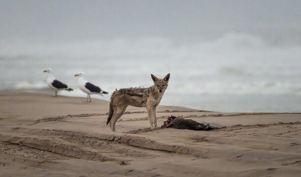 Black-backed jackal (Canis mesomelas) feeding on a dead seal on the beach, Atlantic coast, Namib Naukluft Park, Namib Desert, Namibia