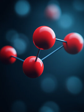 Abstract 3D Rendering of a Molecular Structure with Red Atoms and Chemical Bonds on Dark Blue Background