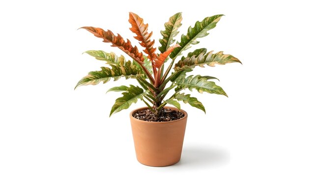 Variegated philodendron plant with orange and green leaves in a simple terracotta clay pot