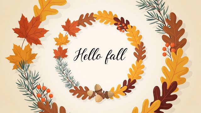Hello fall seasonal wreath featuring colorful autumn leaves and acorns frame seasonal ornament background