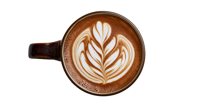 Dark brown ceramic mug with latte art coffee