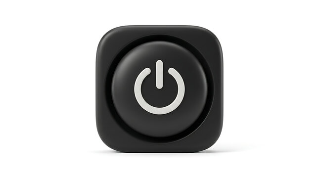 3D rendered image of a sleek black power button with a white power symbol on a clean white background, representing on/off functionality.