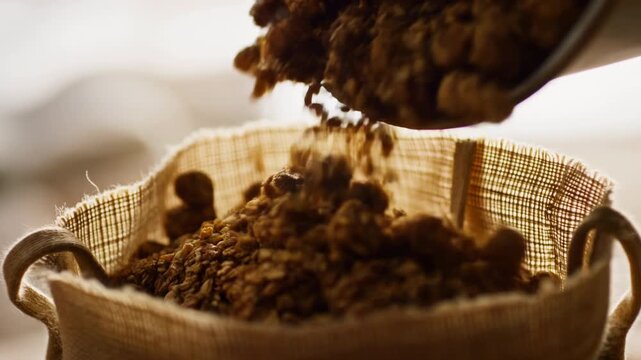 Close-up brown coffee grounds pouring into cloth-lined basket filter, warm backlight revealing coarse granules, rustic kitchen texture, tactile detail, soft focus, handcrafted brewing mood