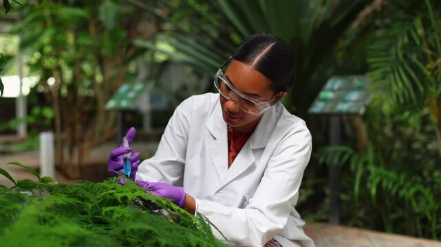 Female botanist studying a plant sample in a greenhouse