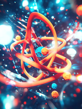 Abstract 3D Illustration of a Quantum Atomic Structure with Glowing Energy Orbits and Molecular Particles in Cosmic Space