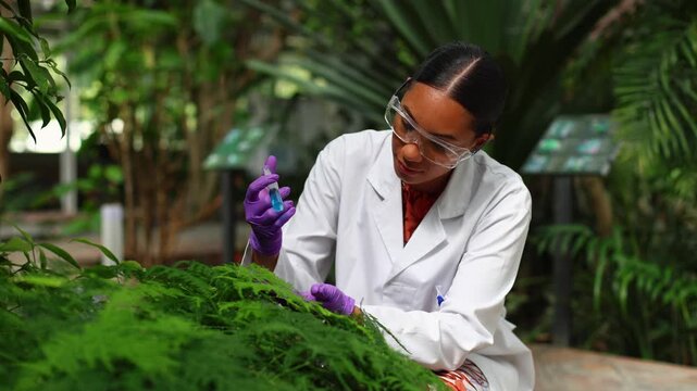 Female botanist injecting a plant with a syringe in a greenhouse