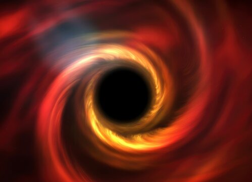 Swirling cosmic spiral galaxy with dark center and glowing red tones