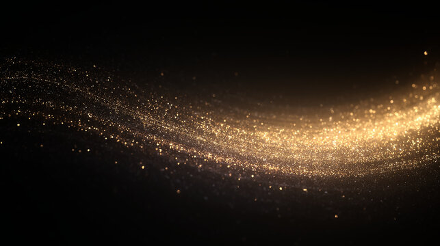 Soft golden particle wave on a dark background, gold dust line and gold glitter swirl, elegant golden curved light, light wave with sparkling particle trail forming smooth