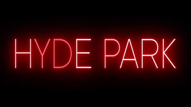 Red Neon HYDE PARK Sign Flickering on Black Background