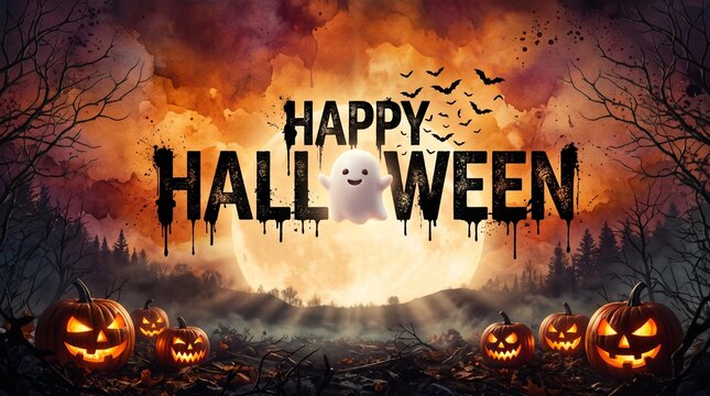 Happy halloween background with ghost, bats, and pumpkins