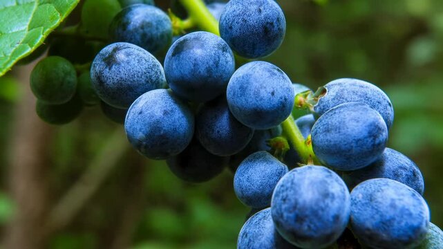 Macro grape cluster ripening from green to blue with powdery bloom on vine under diffuse daylight, showing gradual color change, soft texture, and natural garden detail