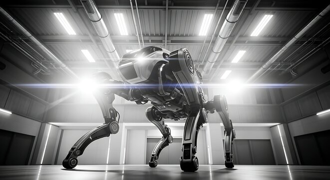 Advanced Quadruped Robot in Industrial Hall Monochromatic View