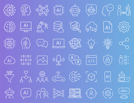 AI・人工知能・チャットボット・ロボット・機械学習・クラウド・自動化の白色ラインアイコンセット