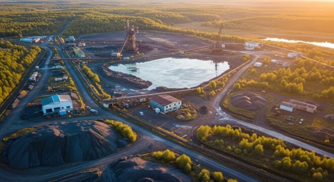 Aerial view of a vast industrial mining operation with a reflective tailings pond surrounded by green hills.