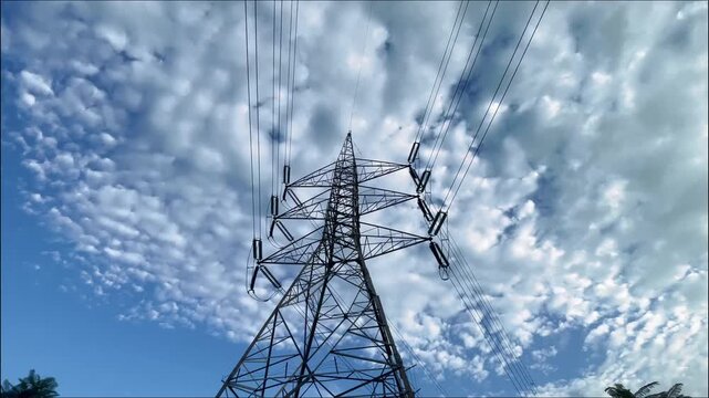 Scenic footage of electric power transmission lines silhouetted against the evening sky in Islamabad, Pakistan. Concept of electricity transmission, urban infrastructure, sustainable energy, 