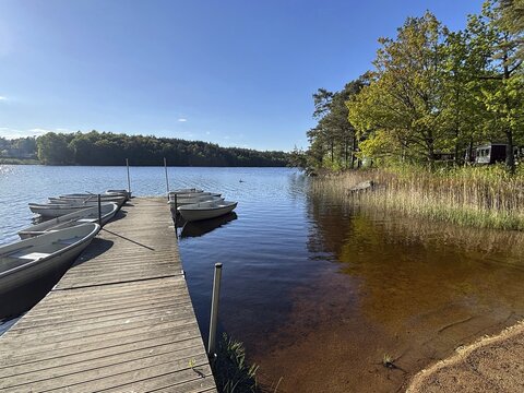 Wooden pier with boats on a quiet lake surrounded by forest and clear skies, camping, vacation, Karlshamm, Blekninge, Sweden