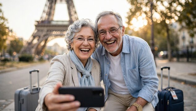 Smiling senior couple takes selfie by eiffel tower with luggage, showing overseas senior tour, romance, leisure, and dream retirement travel.